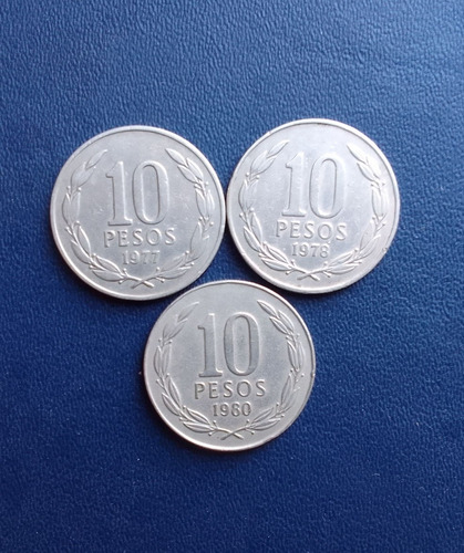 Monedas Chile 10 Pesos 1977-78 Y 80 Cuproniquel 