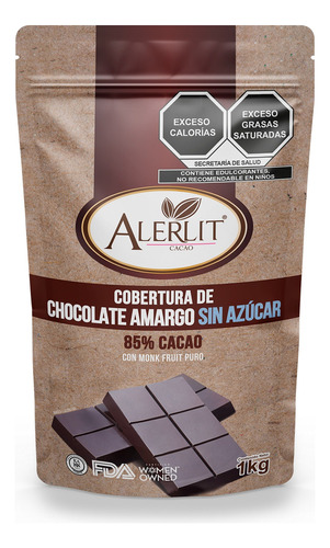 Cobertura De Chocolate Sin Azúcar 85% Cacao 1kg | Alerlit