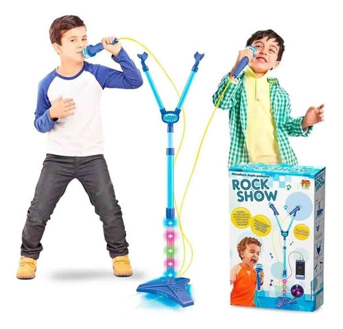 Microfone Infantil Duplo Com Pedestal Amplificador E Luzes