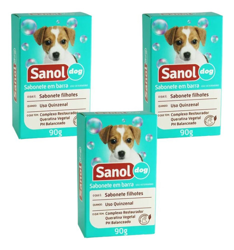 Kit 3 Sabonetes Em Barra Filhotes Cães E Gatos Sanol Dog 90g