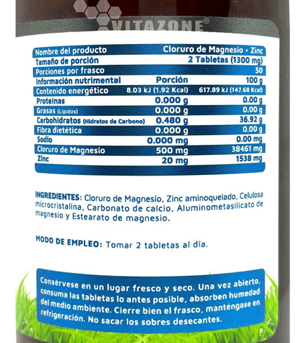 Imagen 2 de 4 de Cloruro De Magnesio 100 Cápsulas 500 Mg Vidanat