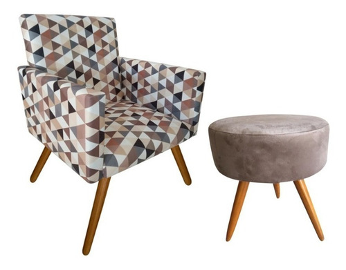 Kit Poltrona Estampada Bia Mandala E Puff Redondo Suede Cor Triângulo Bege Liso