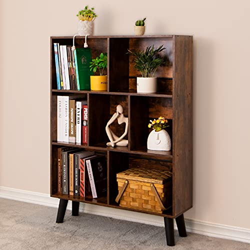 Cube Bookshelf 3 Tier Mid-century Rustic Brown Modern B...