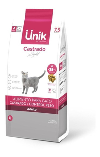 Alimento Premium Unik Light Gato Adulto Castrado Bolsa 7,5kg