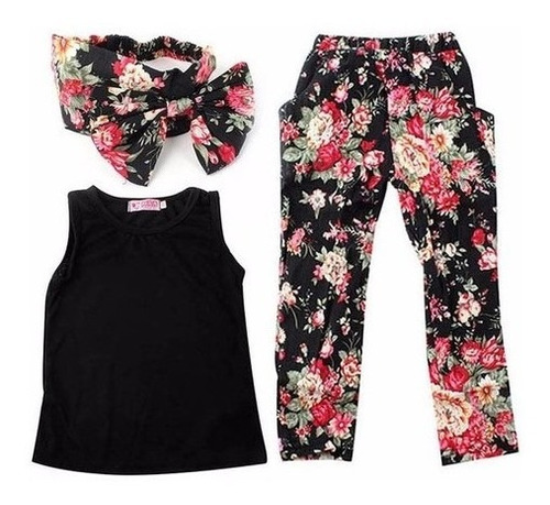 Menina Floral Calça+blusa+faixa Com Laço