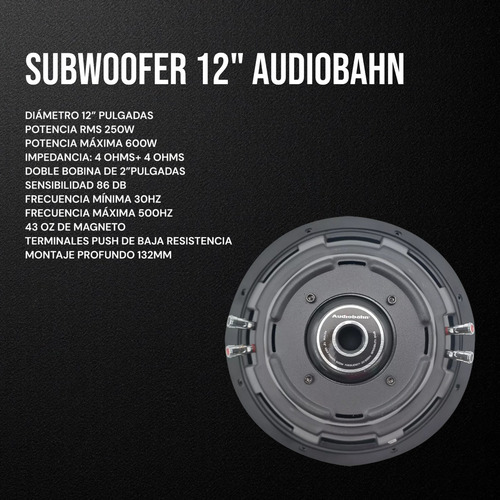 Subwoofer 12pulg Audiobahn 600 Watts Doble Bobina Negro