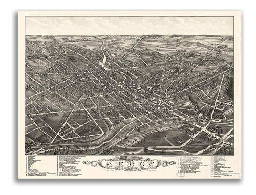 Iman 1882 Akron Ohio Vintage Old Panoramic City Map Vinilo