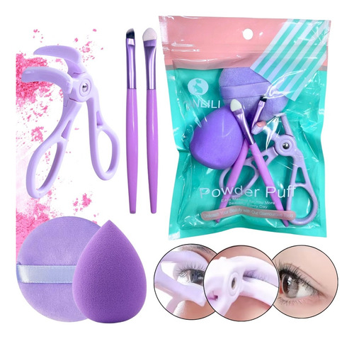 Set Esponjas Blender Brochas + Arqueador Plástico Maquillaje Color Surtidos
