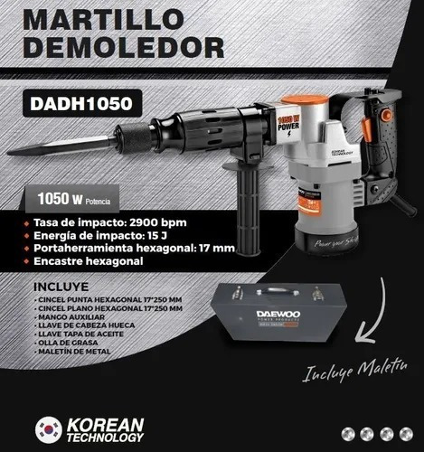 Martillo Demoledor Daewoo 1050w 15j 17mm + Puntas + Maletin