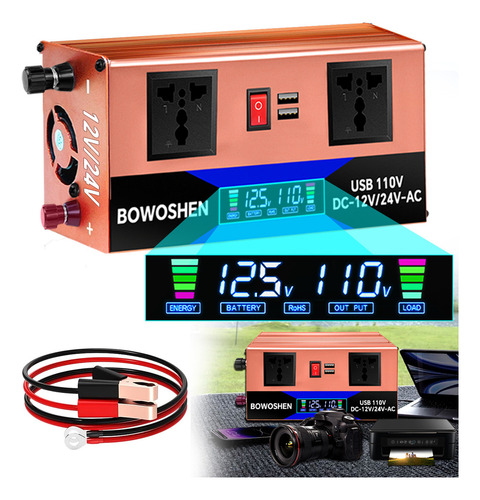 Inversor Corriente Para Auto 12v/24v a 110v BOWOSHEN Industria Portátil Con 2 Enchufe y 2 Puertos USB, Inversor De Alimentación De Coche 2000 W Compatible con Computadoras, TV