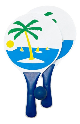 Tenis Playa Set De 2 Paletas Madera Grande C/ Pelota Verano Color Palmera Azul 5067