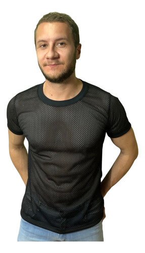 Camisetas Masculinas Tela Transparente Furada Manga Curta