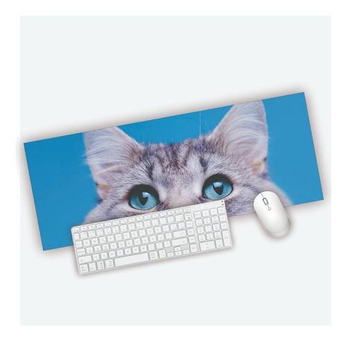 Mouse Pad Grande Gamer Gato Olho Azul 70x28cm