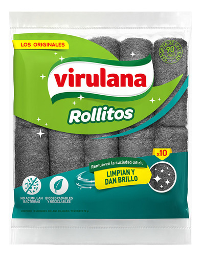 Rollitos Lana De Acero Brillo & Limpieza Virulana X10 Uni