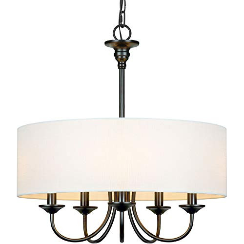 5 Light Traditional Chandelier With White Linen Drum Sh...