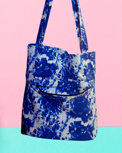 Bolso De Tela Gabardina Azul / Blanco Con Bolsillo 42x38cm Azul Acero Bolsa Con Bolsillo