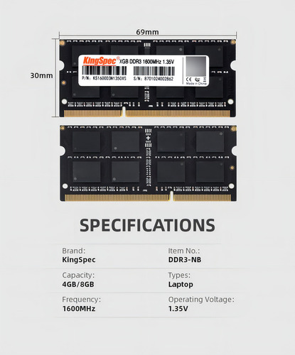Memória RAM Kingspec Sodimm 8gb DDR3l 1600mhz Sodimm para Mac e PC