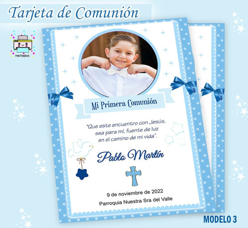 Comunión Varon Estampita Tarjeta Imprimir Con Foto M2