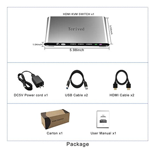 Terived 2 Port Hdmi Usb 3.0 Kvm Switch Con Carcasa De