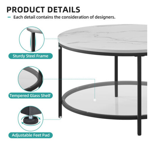2-tier Round Coffee Table Marble Center Cocktail Table W Eem