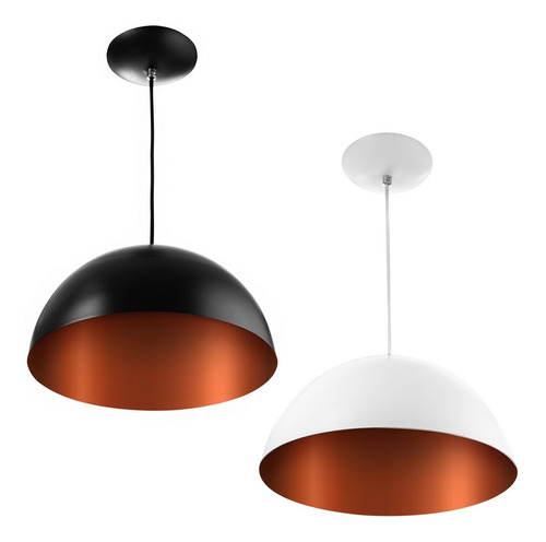 Lustre Pendente Meia Lua Preto Ou Branco Com Cobre 40cm