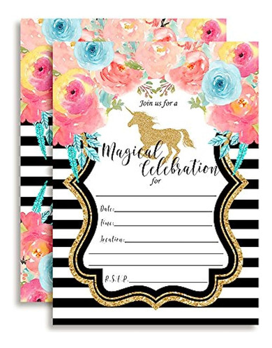 Unicornio Floral De Acuarela Con Invitaciones De Fiesta De C