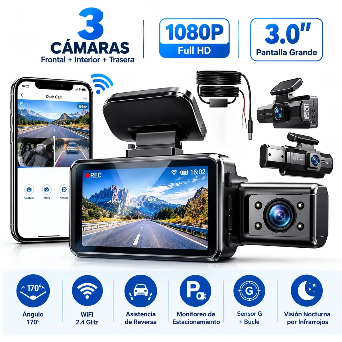 Dash Cam WiFi Full HD 1080P de 3 Cámaras para Coche con Visión Nocturna y Pantalla de 3"