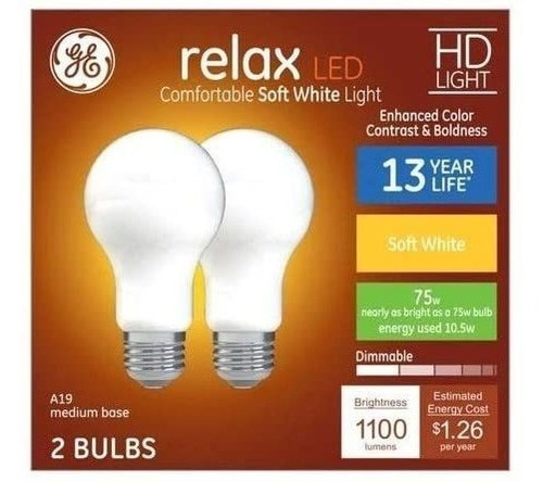 Ge Relax Eq A19 - Regulable Bombilla Led (75 W, 2 Unidades),