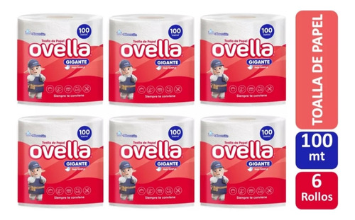 Pack X 6 Toalla De Papel Ovella Gigante 100 Mt Hoja Simple