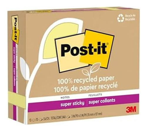 Post-it 100% Notas Súper Pegajosas De Papel Reciclado, 3 X 5