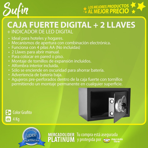 Imagen 3 de 4 de Caja Fuerte Digital + 2 Llaves + Bulones Teclado Numerico