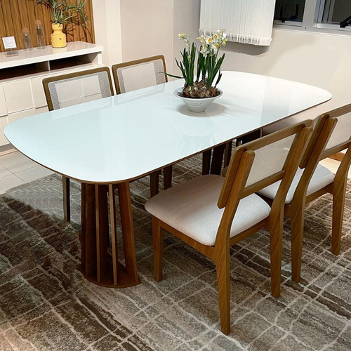 Conjunto De Jantar Mesa 1,80m Mdf E Base Ripada + 4 Cadeiras Tampa Off White Pés Freijó