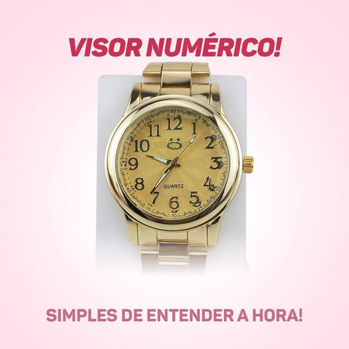 Kit Relógio Feminino Dourado Qualidade Original Colar+brinco