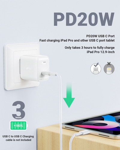 Tubo Cargador Pd 20w Carga Rápida Salida Usb Acefast Color Blanco