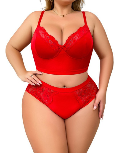 Coordinado De Lenceria Encaje Talla Grande Rojo Push-up Boga