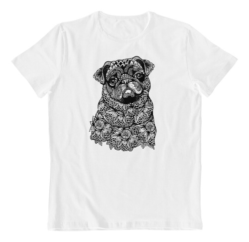 Dtf - Polera Blanca Algodon - Pug Arte En Mandala Art En B/n