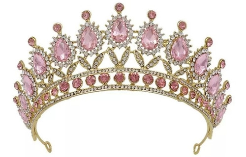 Corona Gemas Rosas Dorada Para Novia Reina, Xv Años, Disfraz