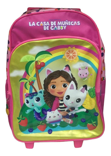 Mochila Gabby Dollhouse Rainbow Con Carro 16 Pulgadas