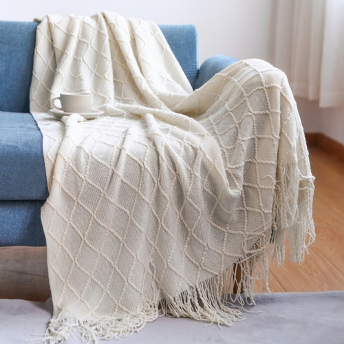 Mantas Para Sillon 170x127cm, Pie De Cama Con Flecos Beige Lisa