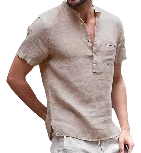 Camisa De Manga Corta Con Cuello Alzado Para Hombre