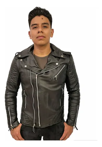 Chamarra Biker De Piel Para Hombre Negra Rocker Doble Cierre