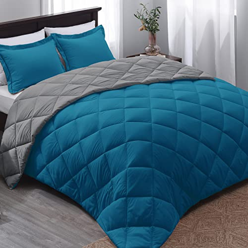 Juego De Edredon Tamaño Queen Reversible Color Azul Y Gris Azul Y Gris Liso