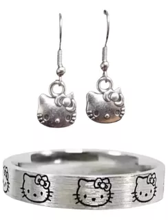 Anillo Ajustable Plata .925 + Aretes Acero Hello Kitty