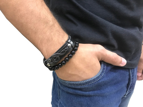 Pulseira Masculina Bracelete Clave Sol Pedra Ônix Kit Combo Diâmetro 2