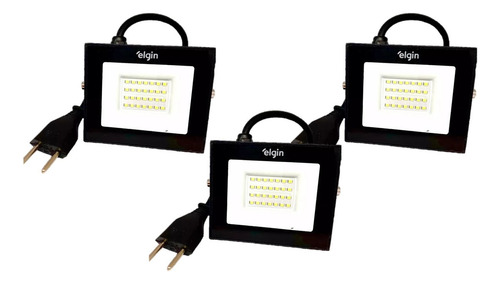 3x Refletores Holofote Elgin 30w Branco Frio 6500k C/ Tomada
