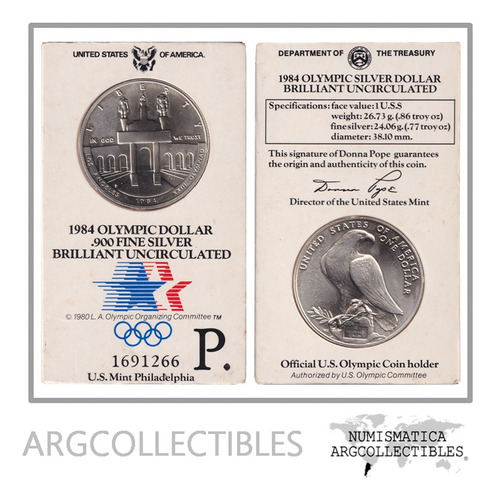 Usa Moneda 1 Dolar 1984 P Plata 900 Juegos Olimp. Km-210 Unc