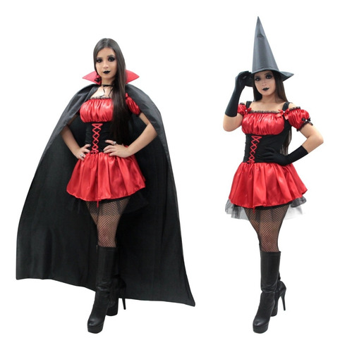 Fantasia De Bruxa Vampira Drácula Vestido + Capa  Adulto  