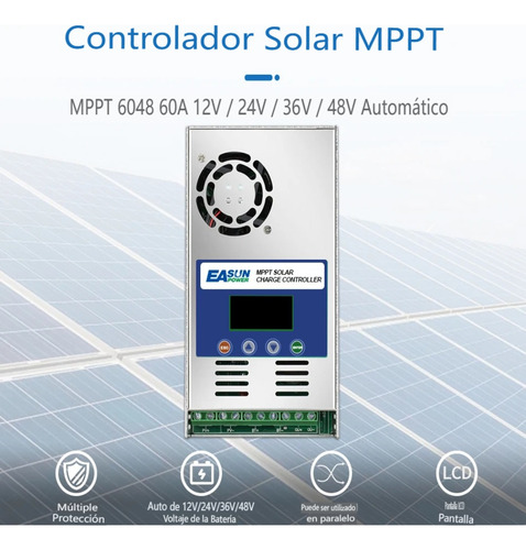 Controlador De Carga Solar Lcd Mppt 60a 12v/24v/48v 180voc Gris