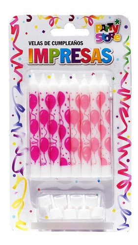 Velas Impresas Globos Rosa Y Fucsia- Blister X 8 Unidades