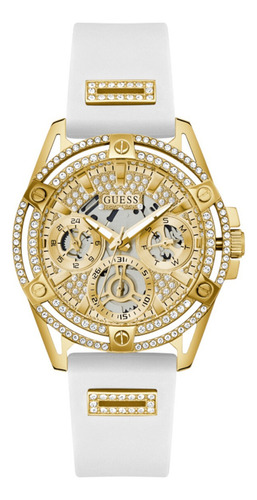 Reloj Pulsera Guess Gw0536l2 Con Correa De Silicona Color Blanco - Fondo Dorado